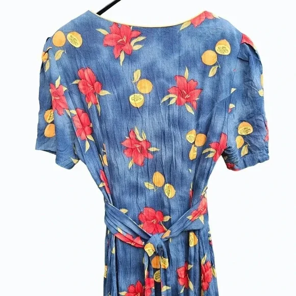 Vtg 80s 90s Short Sleeve Floral / Fruit  Midi Dress Button Front  Canada Sz 16 - Picture 5 of 9
